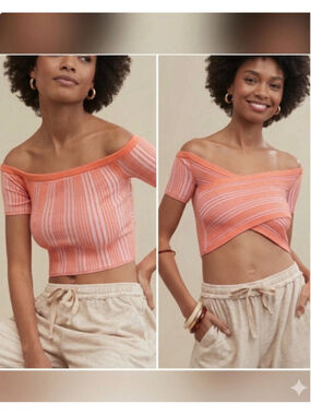 NWT Aerie Orange Pink Striped Off-Shoulder Crop Top S